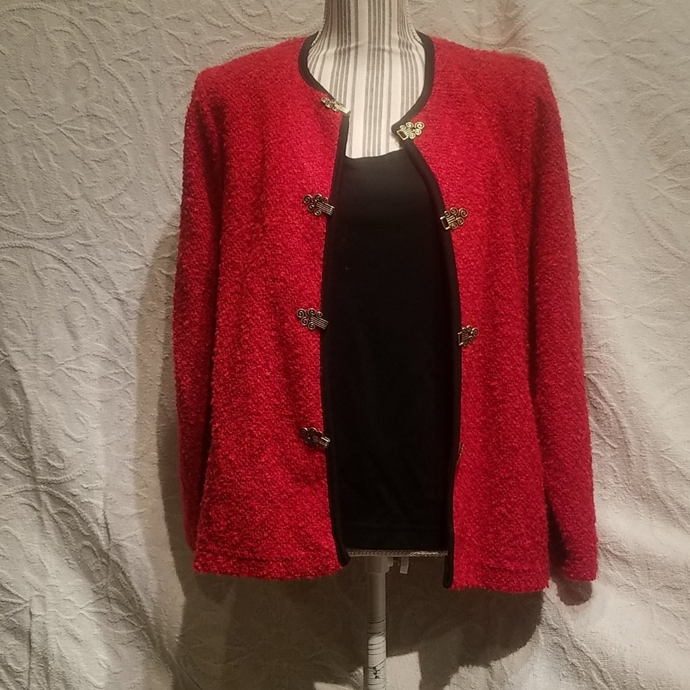 Cathy Daniels Red w/Black trim Sweater Jacket sz.M